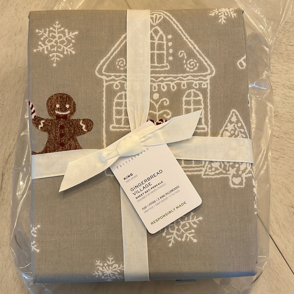 Pottery Barn Gingerbread House Bedding Sheets - Gray and White - Tags Removed